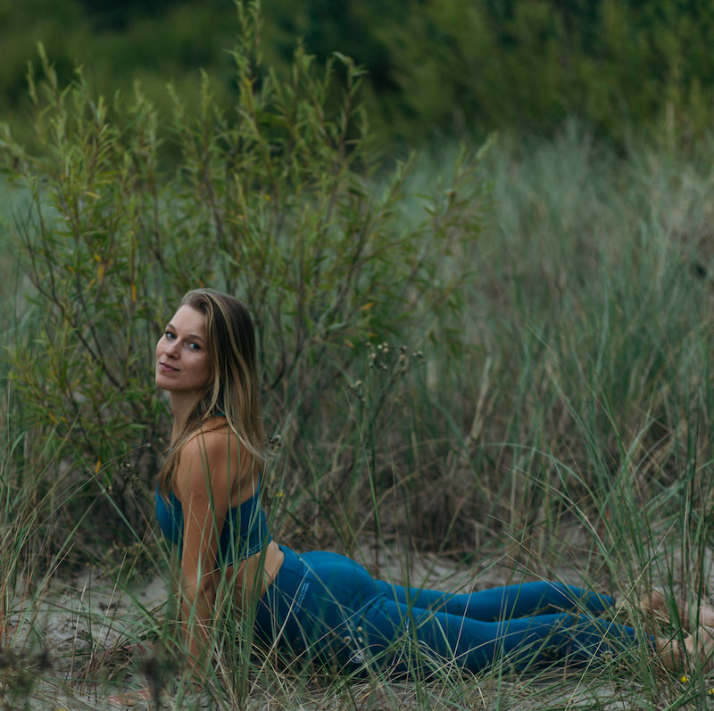 Green squat proof yoga panst and sports bra yoga set by kosha yoga co